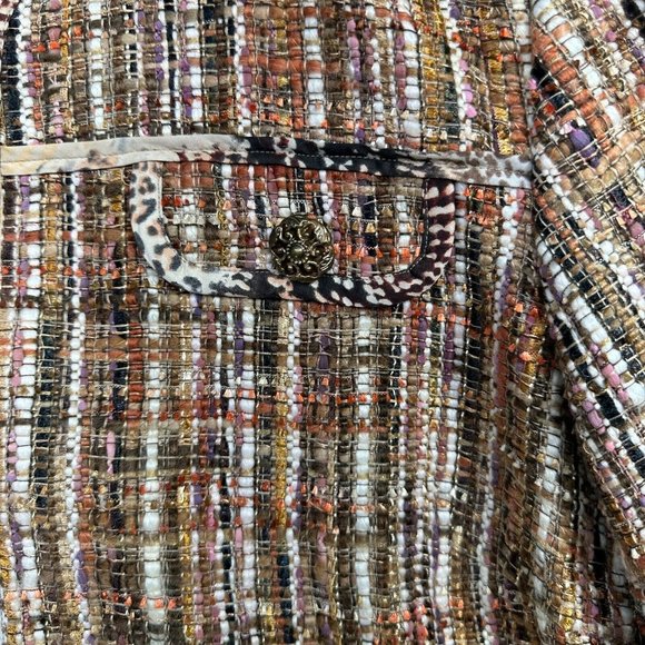 Chicos L-XL Size 3 Jacket nubby woven Tweed Brown Fringe designer style pockets - Picture 6 of 14